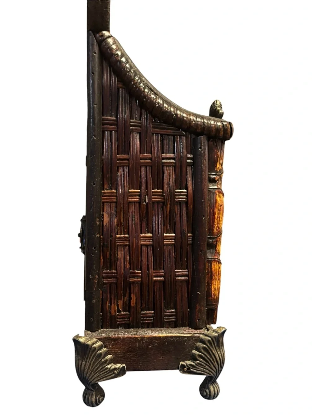 Vintage Asian Style Pagoda Wood Trinket Shrine Box Bamboo Woven Design Decor